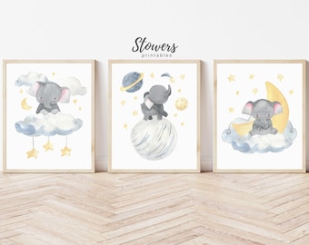 Elephant Print, Set of 3, Elephant Decor, Baby Elephant Nursery Print, Nursery Wall Art, Nursery Decor, Baby Shower Gift, Yellow, Gray Print