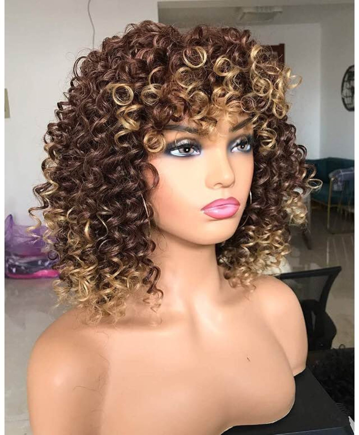 Afro curly Wigs Ombre Blonde Wig with Bangs Natural Looking | Etsy