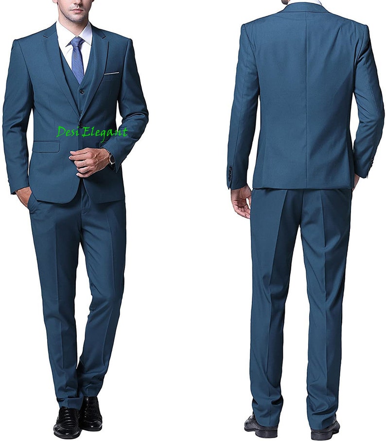 Men Suit Blue Coat Pant 3 Piece Suits Vest Blazer Trouser Set Etsy