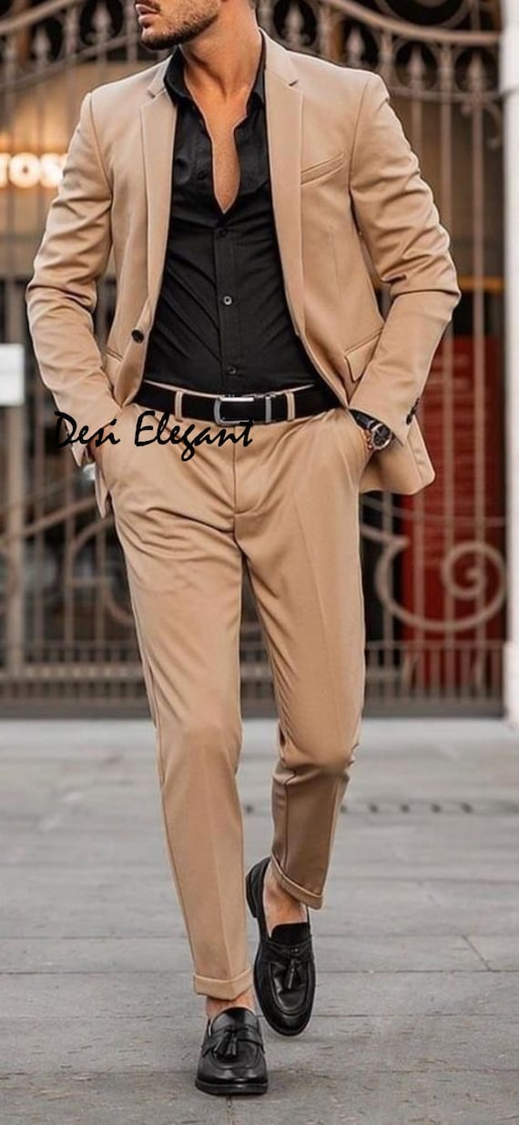 Men Suit Beige Coat Pant 2 Piece Suit 