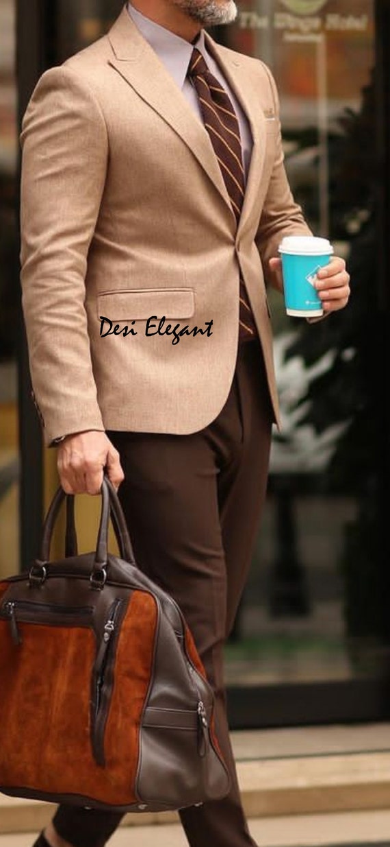 Men Suit Beige Coat Pant 2 Piece Suit 