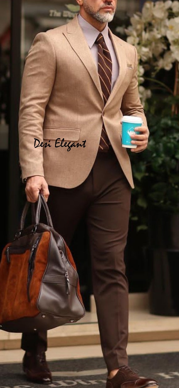Men Suit Beige Coat Pant 2 Piece Suit 