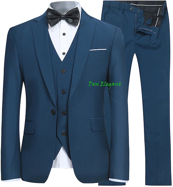 Men Suit Blue Coat Pant 3 Piece Suits Vest Blazer Trouser Set Etsy