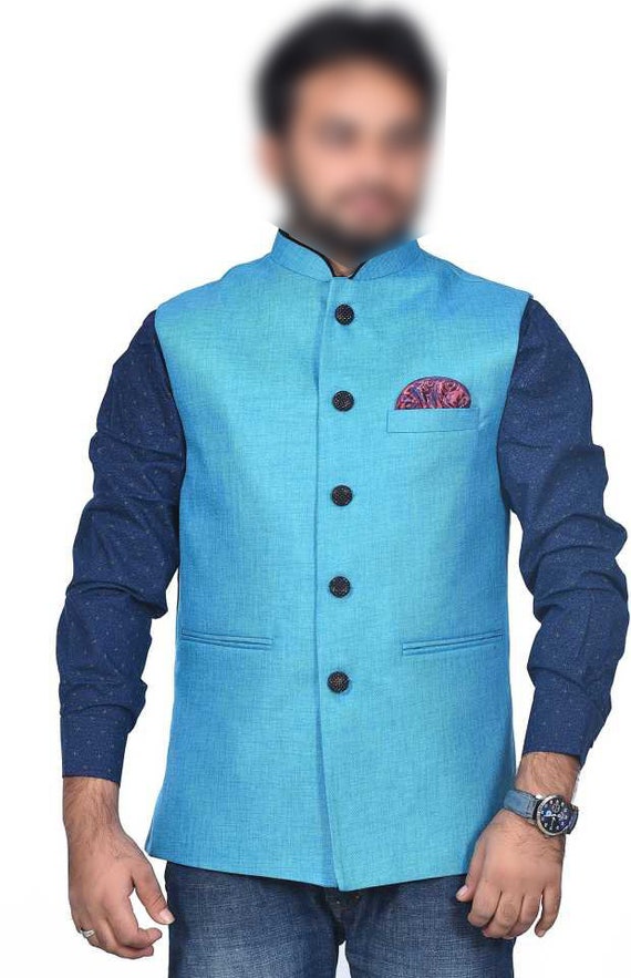 Vest Indian Waistcoat Blue Nehru Jacket Sleeveless Modi Jacket Custom Made Wedding Partywear Waist Coat Men Boys Kids VE502B VE90W