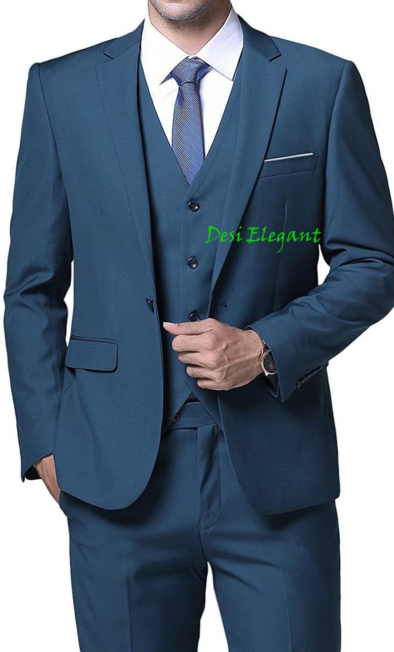 Men Suit Blue Coat Pant 3 Piece Suits Vest Blazer Trouser Set Etsy