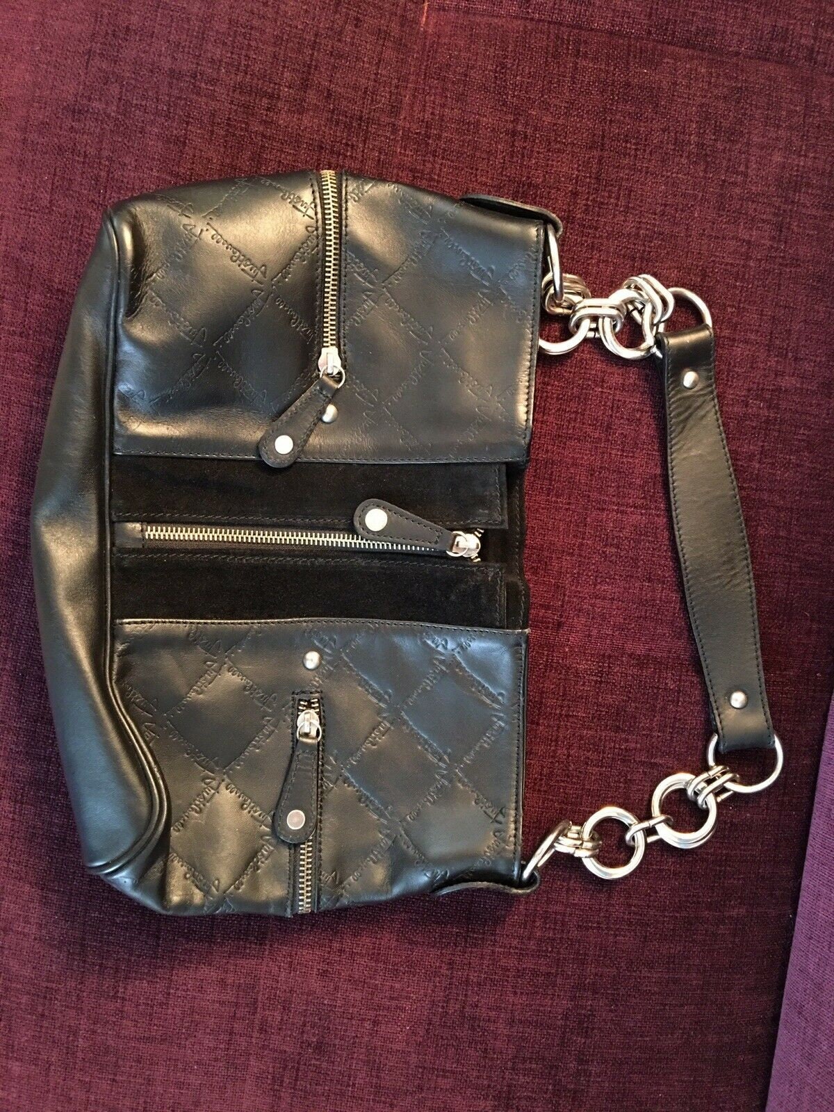 100% Authentic Mint JUST CAVALLI Rn125723 Black LEATHER Suede Trim  