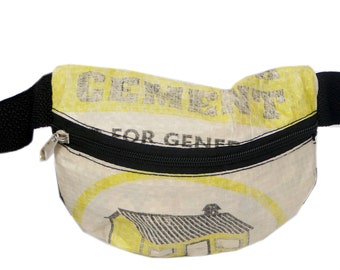 medium size fanny pack, bumbag, from old cementsacks, upcycling,r ecycling, made in a social project in kenyaa, fair, ultralight and durable