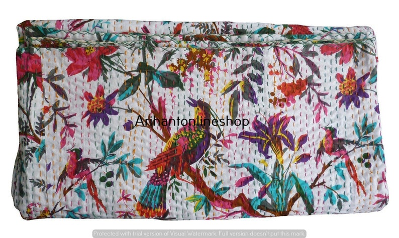Hippie Single White Bird Printed Cotton Blanket Large Bedding Throw Room Bedspread Hippie Kantha Quilt Bohemian Bedspread Bedroom Coverlets