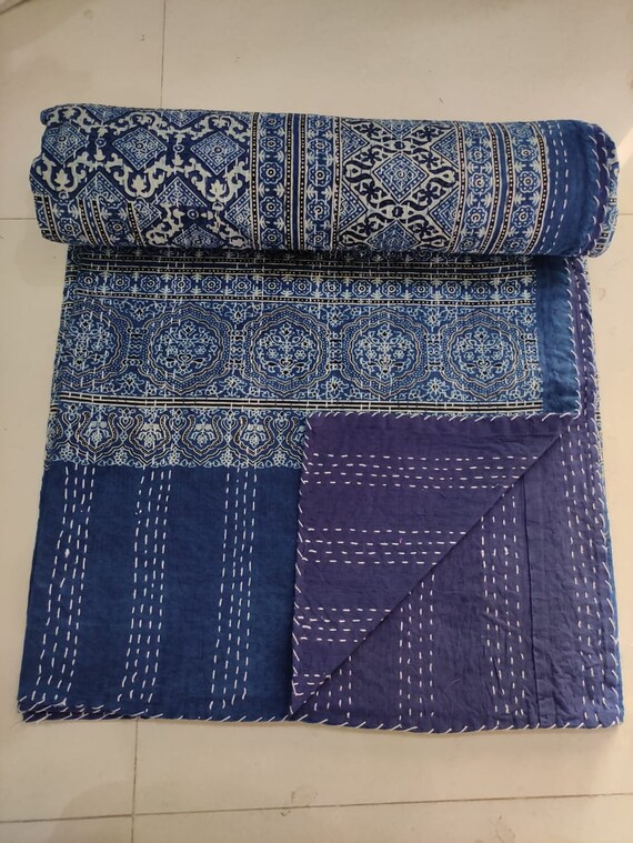 Indian Hand Block Printed Cotton Kantha Quilt 90x108 Inches