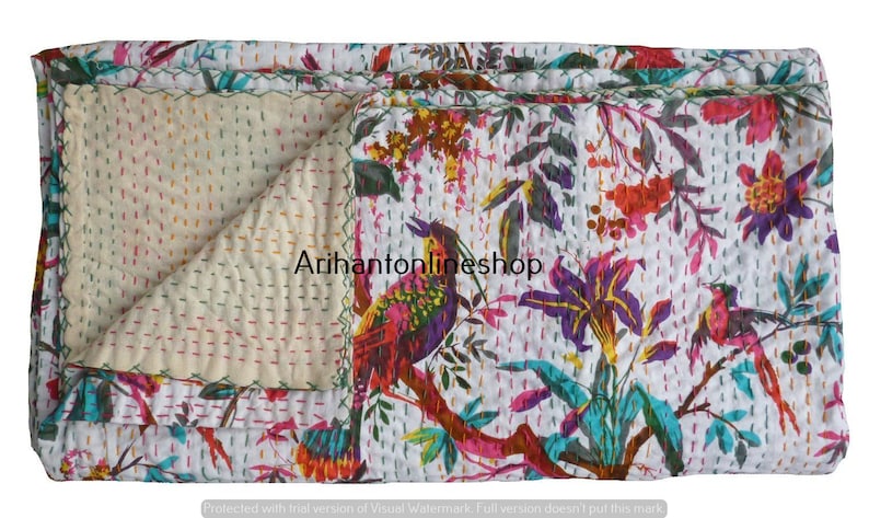 Hippie Single White Bird Printed Cotton Blanket Large Bedding Throw Room Bedspread Hippie Kantha Quilt Bohemian Bedspread Bedroom Coverlets