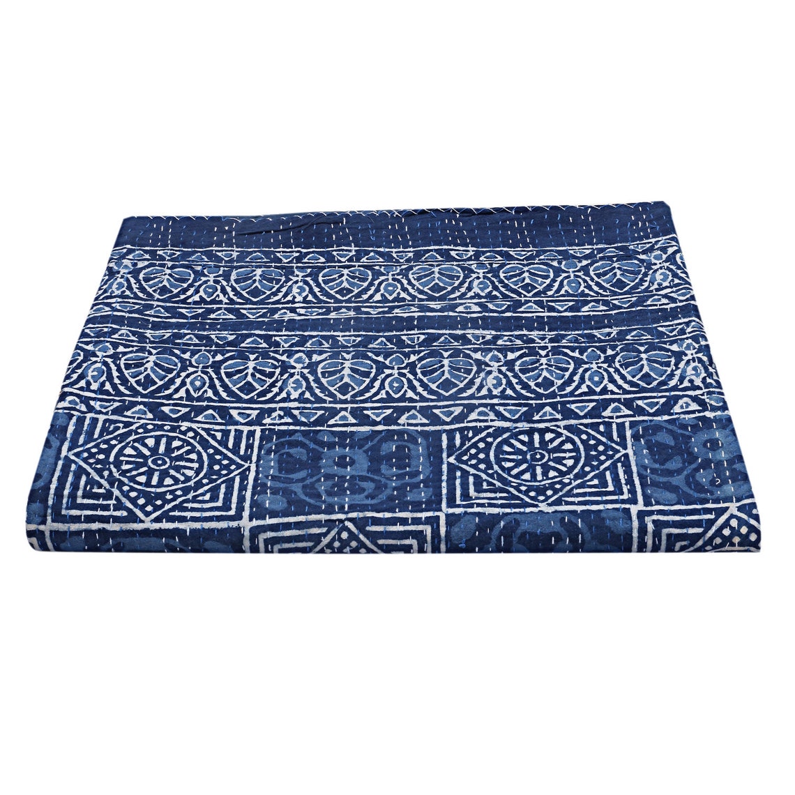 Reversible Indigo Blue Printed Floral Kantha Bedcover Blanket Etsy