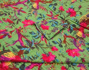 Details about   New Bird Print Gudri King Size Cotton Kantha Bedspread Olive Green Color Blanket 