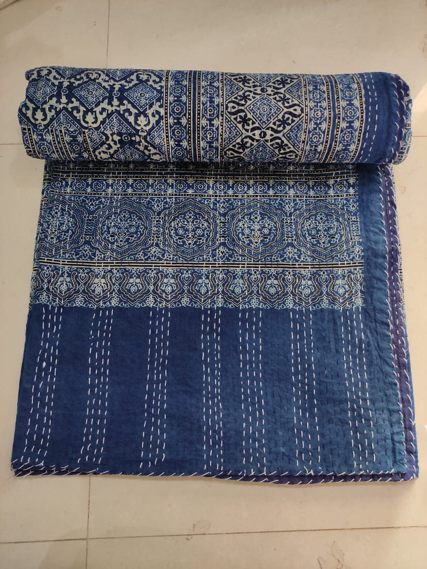 Blue Kantha Quilt King Size Hand Stitch Kantha Ajrakh Bedcover Etsy