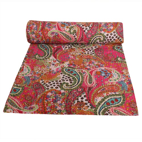 Kantha Pink Paisley Bedspread Indian Queen Quilts selling Bohemian Throw Blanket Large Bedding Bedspread Indian Queen Quilts Handmade Coverlets