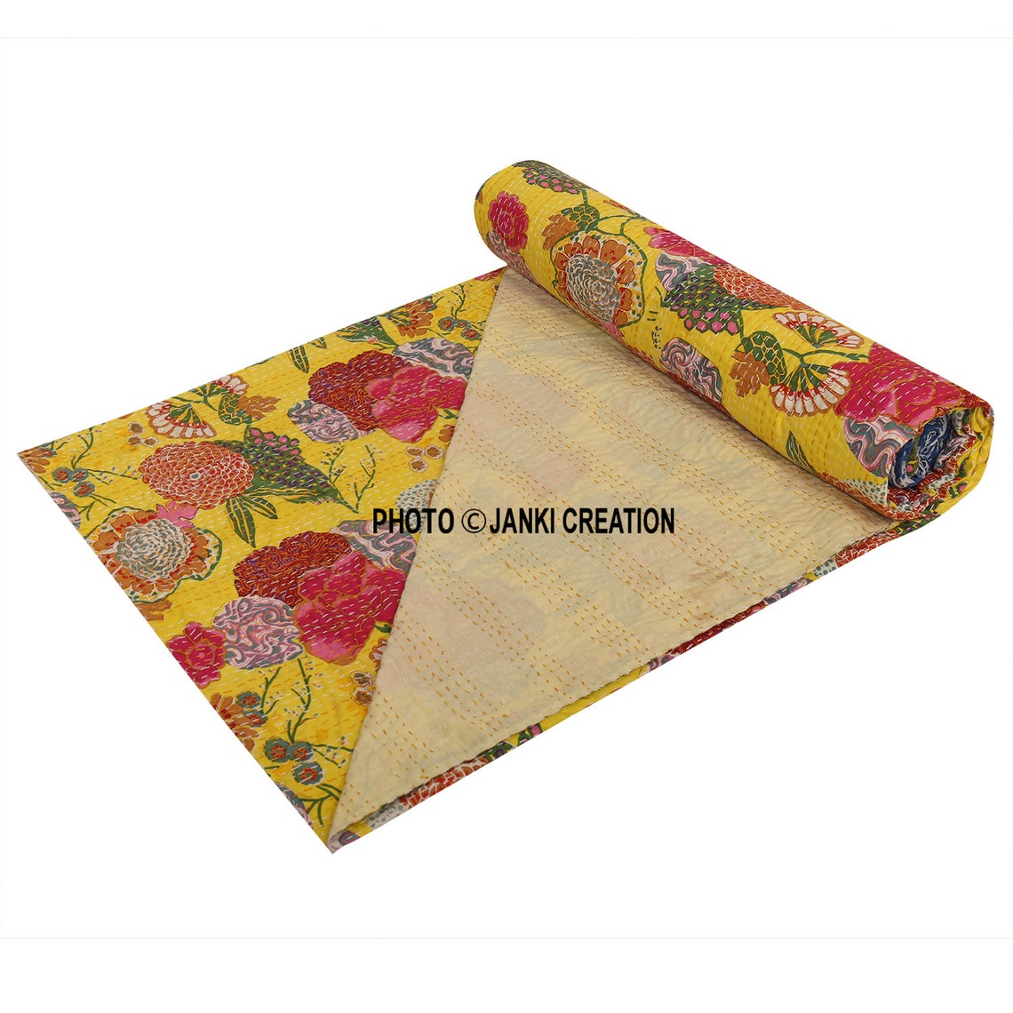 Kantha Bedcover Indian Quilt Reversible Stitched Bedspread Etsy