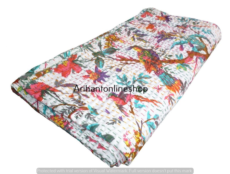 Hippie Single White Bird Printed Cotton Blanket Large Bedding Throw Room Bedspread Hippie Kantha Quilt Bohemian Bedspread Bedroom Coverlets