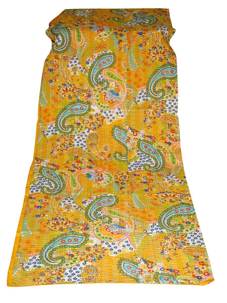 Kantha Yellow Paisley Quilts Bohemian Décor Bedding Large Etsy