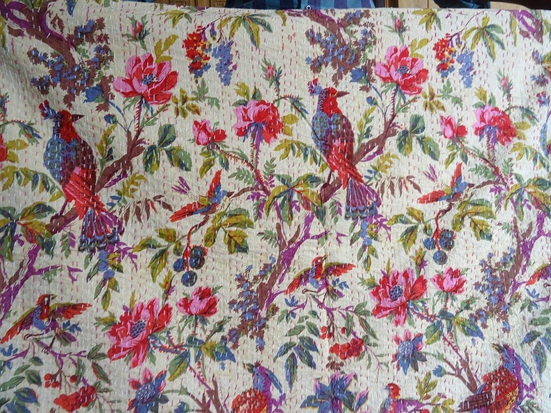 Hand Made Bird Print King Size Kantha Quilt Kantha Blanket Bed Etsy