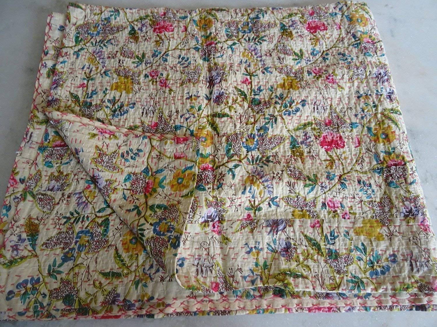 Indian Twin/ Queen Gudri Handmade Quilt Vintage Beige Paradise Print …