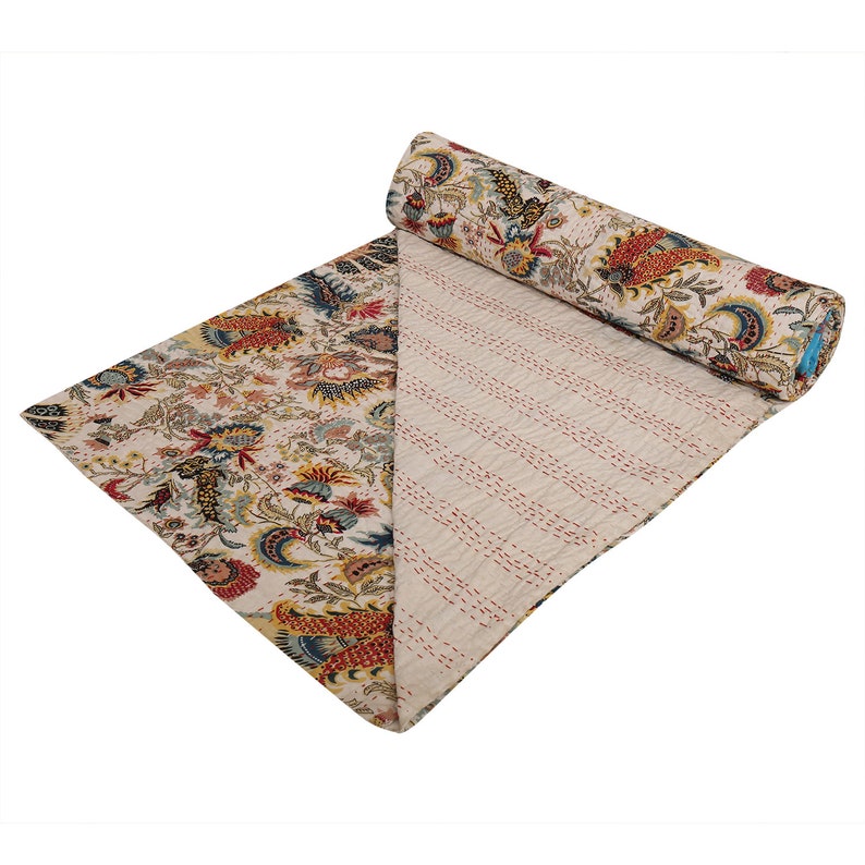 Reversible Cotton Kantha Quilt With 2 Pillows Cover Indian Etsy