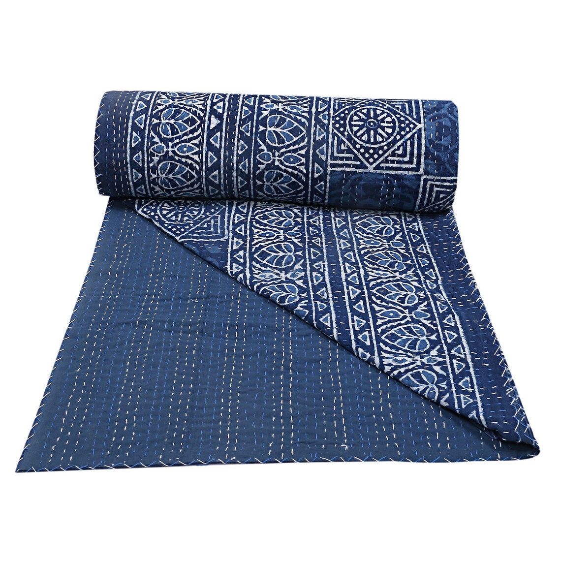 Reversible Indigo Blue Printed Floral Kantha Bedcover Blanket Etsy