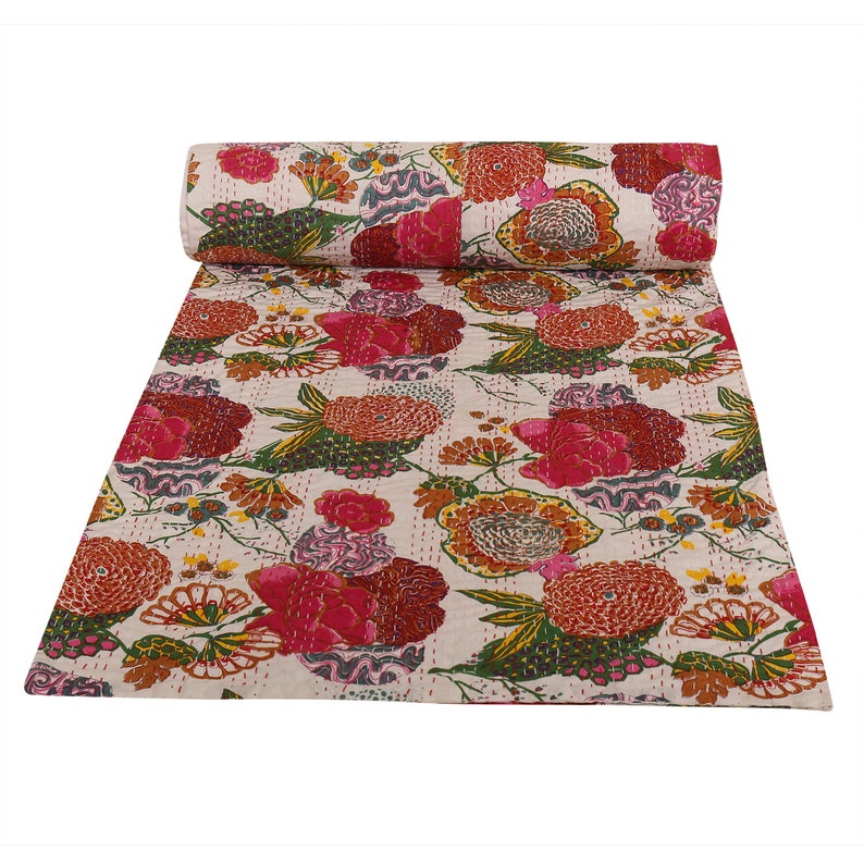 Indian Floral Twin Kantha Bedspread Quilt Patchwork Blanket Throw Bed Cover