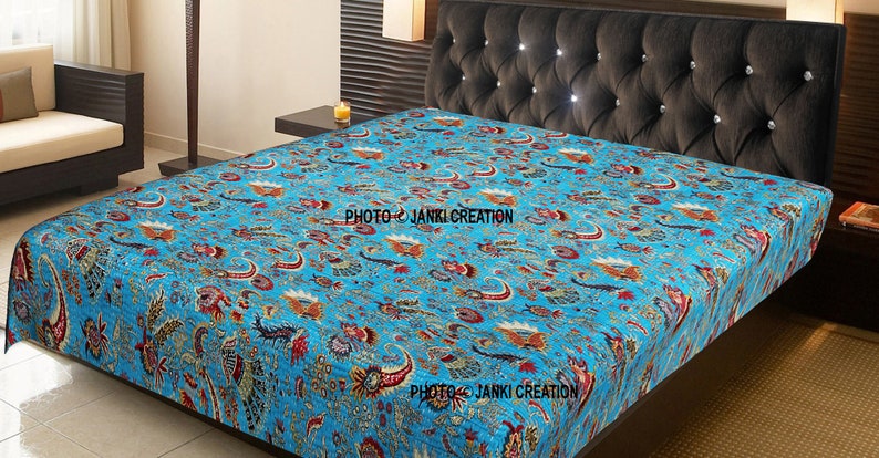 INDIAN COTTON KANTHA QUILT TURQUOISE BLANKET GUDARI QUEEN BLANKET THROW DECOR INDIAN COTTON KANTHA QUILT TURQUOISE BLANKET GUDARI QUEEN BLANKET THROW DECOR
