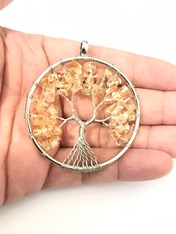 Yellow Agate Natural Stone 50mm Tree of Life Pendant Teardrop