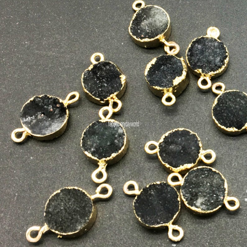 2pcs Onxy Black Natural Gemstone connector 12mm agate Charms Stone Pendant gold Plated DIY Jewelry Findings Craft Supplies BB249-black