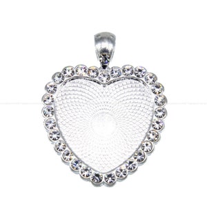 2pcs 25mm Heart pendant trays silver CZ crystal Rhinestone Base bottom DIY Jewelry Findings Wholesale Supplies NN483-3
