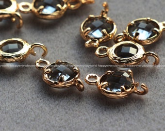 Jet Crystal 7mm Round Settings Glass Connector Edge Gemstone pendant Gold Plated brass Jewelry Findings Craft Supplies ns695-1