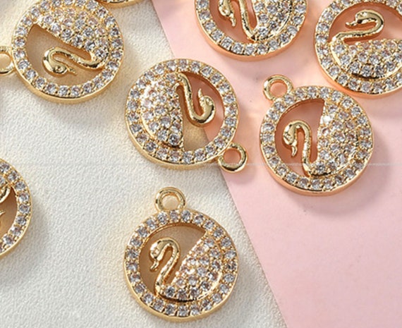 Gold Round Cisne 11x14mm Cubic Zirconia Pendant 14k Gold Plated