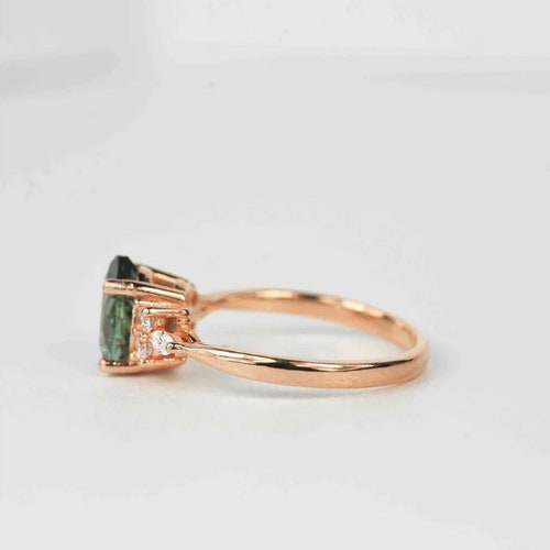 Green sapphire ring 14k rose gold, delicate vintage engagement ring, green sapphire pear cut ring, anniversary ring, christmas gift for her deals