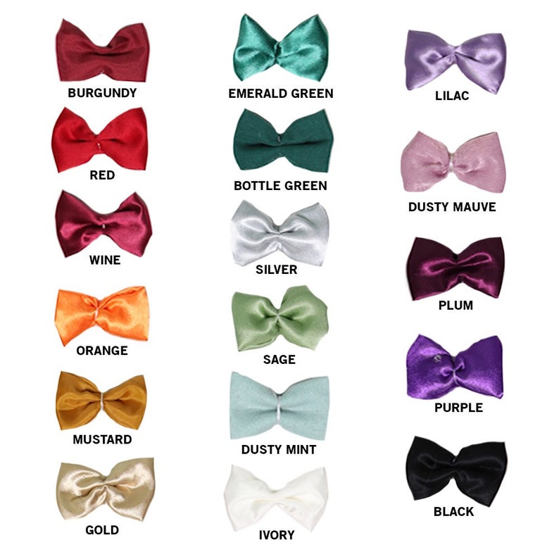Puede incluir: Una colecci&oacute;n de quince lazos de tela satinada dispuestos en tres columnas. Cada lazo est&aacute; etiquetado con su color: Burgundy, Emerald Green, Lilac, Red, Bottle Green, Dusty Mauve, Wine, Silver, Plum, Orange, Sage, Purple, Mustard, Dusty Mint, Gold, Ivory y Black.
