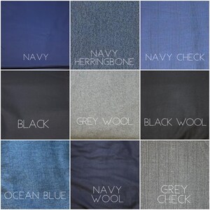 Puede incluir: Una cuadr&iacute;cula de nueve muestras de tela etiquetadas como Navy, Navy Herringbone, Navy Check, Black, Grey Wool, Black Wool, Ocean Blue, Navy Wool y Grey Check. La colecci&oacute;n muestra varios colores s&oacute;lidos, texturas de lana y patrones de cuadros.