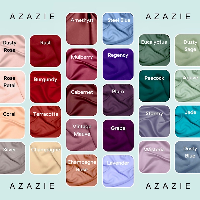 Puede incluir: Una tabla de muestras de color de Azazie con veinticinco muestras de tela en varios tonos, incluyendo Dusty Rose, Rust, Amethyst, Steel Blue, Eucalyptus, Dusty Sage, Rose Petal, Burgundy, Mulberry, Regency, Peacock, Agave, Coral, Terracotta, Cabernet, Plum, Stormy, Jade, Silver, Champagne, Vintage Mauve, Grape, Wisteria, Dusty Blue, Champagne Rose y Lavender.