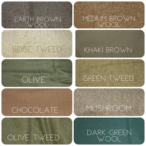 Puede incluir: Una cuadr&iacute;cula de diez muestras de tela con diversas texturas y colores etiquetadas como Earth Brown Wool, Medium Brown Wool, Beige Tweed, Khaki Brown, Olive, Green Tweed, Chocolate, Mushroom, Olive Tweed y Dark Green Wool.