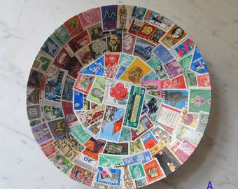 Ostalgie Schale Dekoschale DDR-Briefmarken Upcycling-Deko Briefmarken bunte Schreibtischablage Ablageschale Schale für Krimskrams Pappschale