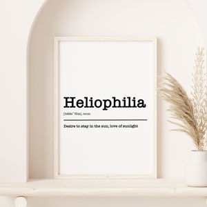 Poster &quot;Heliophilia&quot; | Living room | Deco | Gift | Definition | Minimalist | Birthday | Wall Art | Dictionary Art | English