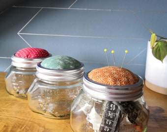 Pin cushion, needle jar, sewing storage