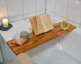 Bathtub shelf with book tablet support and glass holder in oak or beech