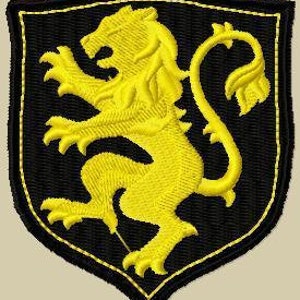 Peut inclure: Un bouclier noir avec un lion jaune brodé dessus.