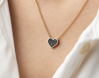 14K Yellow Solid Gold Black Diamond Micro Pave Heart Necklace, Delicate Diamond Heart Pendant, Unique Gift For Wife