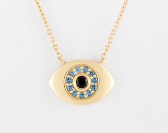 Evil Eye Necklace in 14K Solid Gold & Blue Sapphire, Graduation Gift For Daughter, Protection Pendant, September Birthstone Necklace