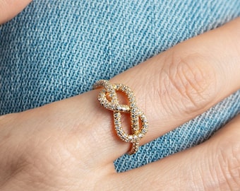 FOR EVER Knot Diamond Ring, 14K Solid Gold Diamond Infinity Ring, Engagement and Wedding Micro Pave Diamond Band, Anniversary Unique Gift