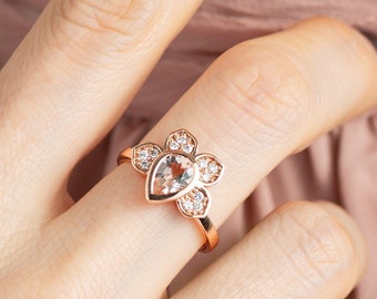 14K Rose Gold and White Diamond Lotus Flower Ring, Gorgeous Morganite and Diamonds Promise Ring, Lotus Flower Unique Engagement Ring