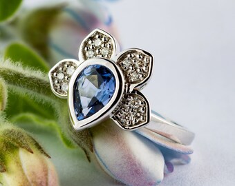 14K White Gold White Diamond & Tanzanite Lotus Flower Ring, Gorgeous Tanzanite and VS Diamonds Ring, Lotus Flower Unique Engagement Ring