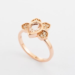 Flower Engagement Ring Lotus Flower Diamond Ring 14K Rose Gold Morganite & Diamonds Ring Solid Gold Light Pink Morganite Ring image 1