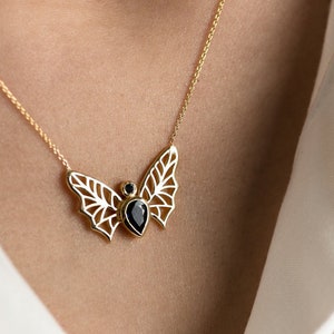 14K Gold Wings Pendant Necklace set with Genuine Teardrop Blue Sapphire Gold Necklace Butterfly Pendant image 3