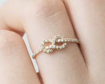 14K Yellow Gold and Diamond Infinity Ring, Promise Ring For Her, Diamond Wedding Band, Engagement Ring, Thin Love Knot Diamond Ring